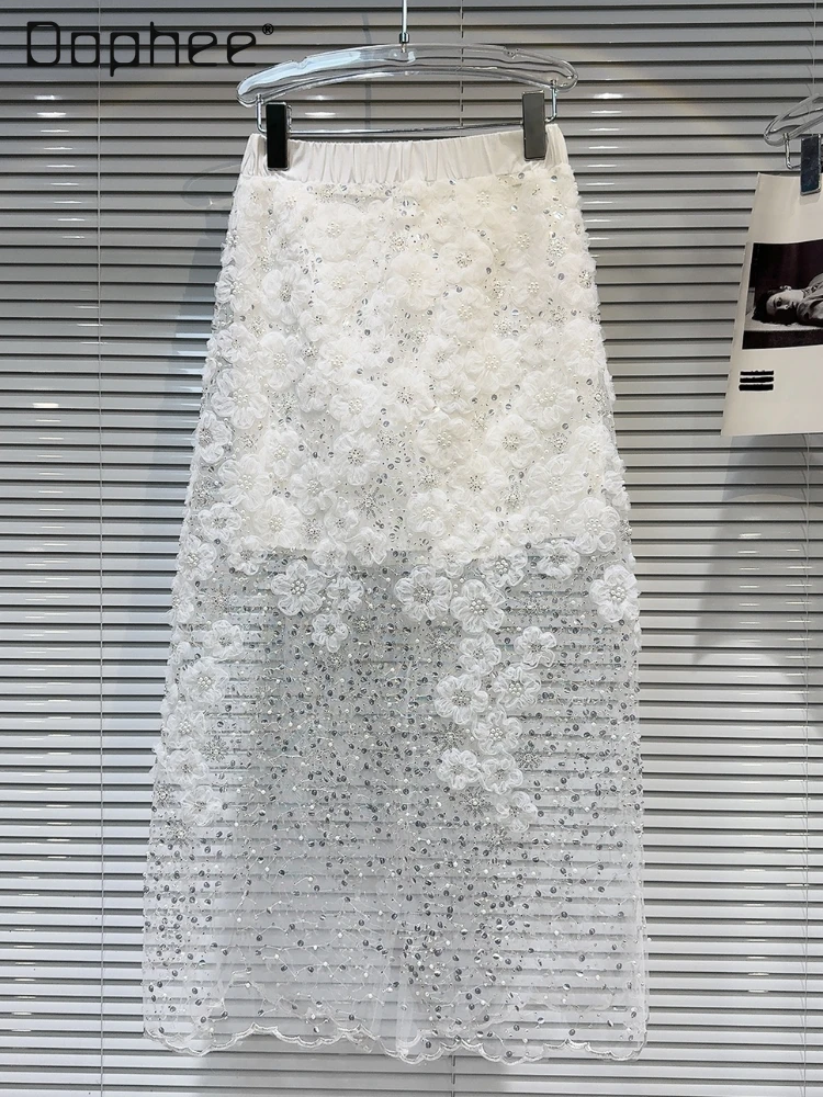 Eleganter weißer Spitzen rock sexy durchsichtiger Rock Mode Strass Röcke mit mittlerer Taille Frauen halber Rock 2024 Sommer Damen