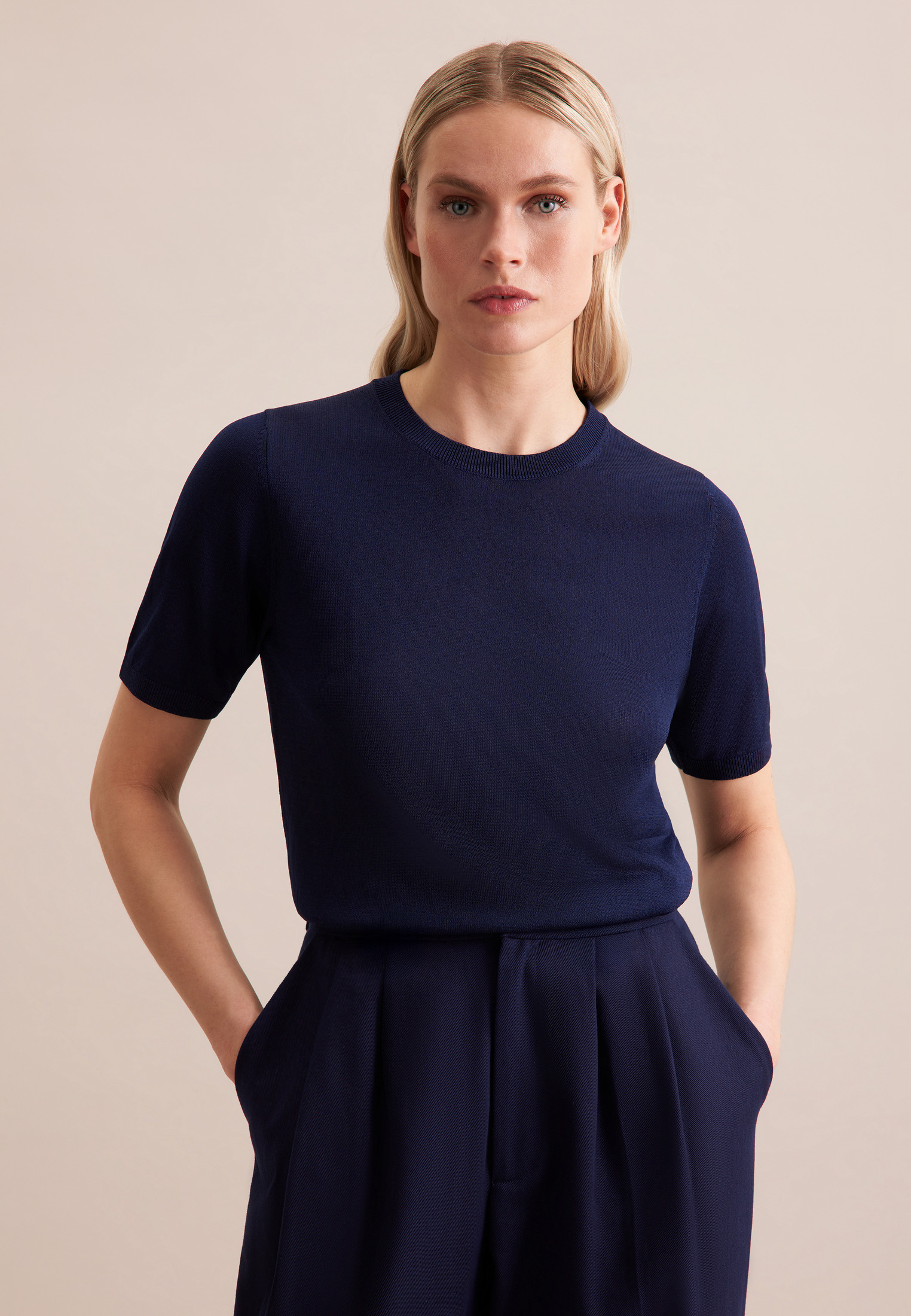 Strickpullover SEIDENSTICKER "Schwarze Rose", Damen, Gr. M, blau (marine), 52% Polyester, 48% Manila, regular fit, Rundhals, Pullover Strickpullover, 1/2 Rundhals