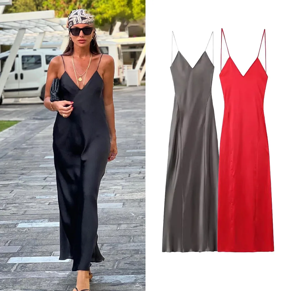 Robe longue en Satin pour femmes, nouvelle mode Chic, tempérament, fine bretelles, sous-vêtements, Slim, rétro, dos nu, 2024