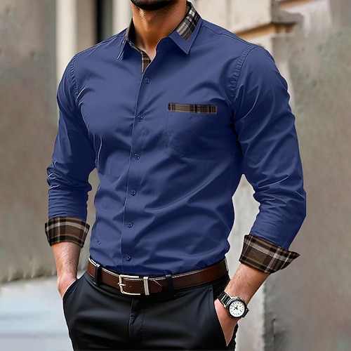Herren Oberhemd Knitterfrei Hochzeit Outdoor Schwarz Weiß Dunkelmarine Blau Langarm Sommer Frühling Bekleidung Image