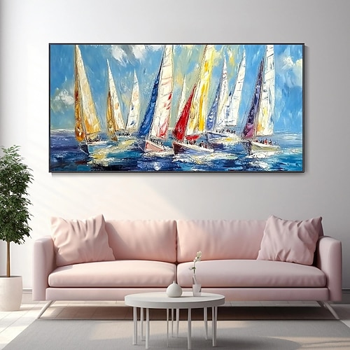 blaues Meer Seelandschaft Segelboot Wandkunst abstrakt Strand Seelandschaft Malerei auf Leinwand Wohnzimmer Ölgemälde 100 % handgefertigt handgemalte Wandkunst auf Leinwand abstrakte maritime Image