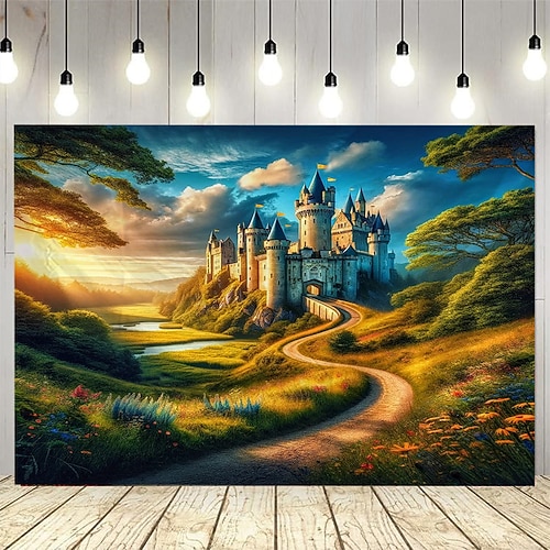 ein Schloss Haus Pflanzen See Wasser Wasserfall Landschaft Wandteppich Wandkunst große Wandteppich Wandbild Dekor Fotografie Hintergrund Decke Vorhang Haus Schlafzimmer Wohnzimmer Dekoration Image