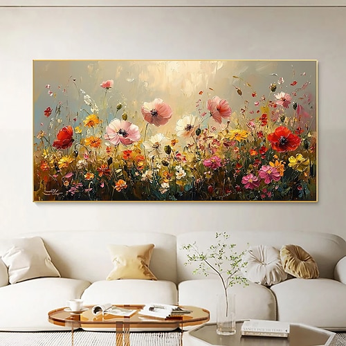 handgemachtes Original buntes Blumengemälde Ölgemälde auf Leinwand abstrakte florale Wandkunst für Wohndekoration mit gespanntem Rahmen ohne Innenrahmen Image