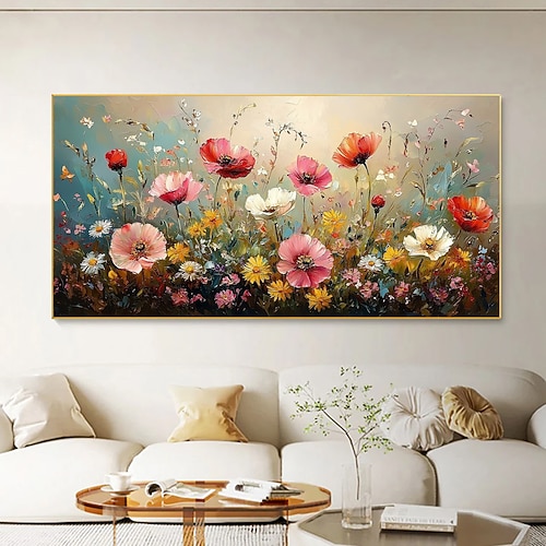 handgemachtes Original buntes Blumengemälde Ölgemälde auf Leinwand abstrakte florale Wandkunst für Wohndekoration mit gespanntem Rahmen ohne Innenrahmen Image