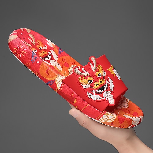 Rote Slide-Sandalen für Herren mit Drachen-Print und 3D-Drachen-Design, lässiger Stil für Sommer und Festivals Image