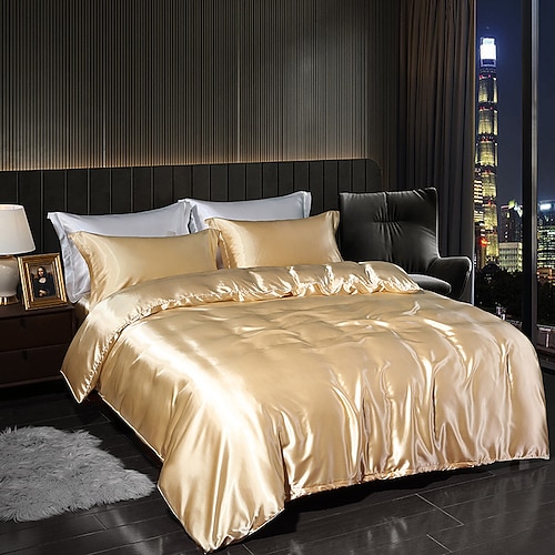 4 Teile Satin-Seiden-Bettwäsche-Set mit Spannbettlaken Bettbezug-Sets Sommer einfarbige Deckenbezüge mit 2 Kissenbezügen Image