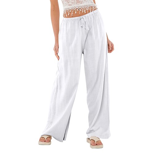 Damen-Sommerhose aus 100 % Baumwolle, lässig, in voller Länge, mit natürlichem Gummibund und elastischem Kordelzug, nicht dehnbar, in Milchweiß, Karminrot und Dunkelgrün, Cuticolor, Frühling/Herbst Image