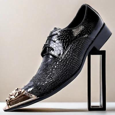 Men's Premium Black Snake-Pattern Leather Dress Shoes with Gold Tip Rose Gold Lion Head Toe–Stylish Formal Footwear for Special Occasions