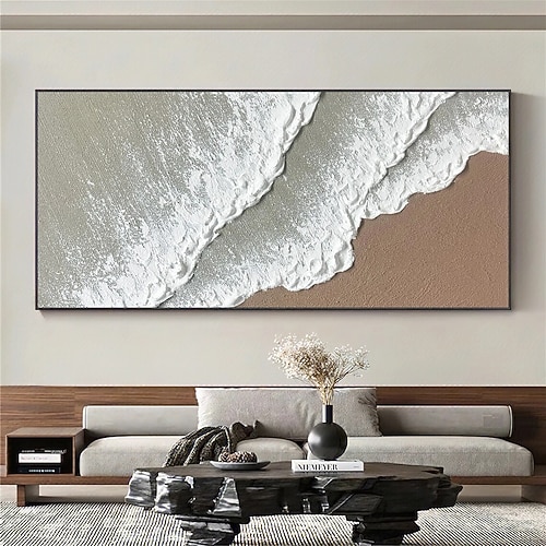 handgemachtes weißes Ozeanwellen-Kunstölgemälde handgemaltes abstraktes Strandgemälde weiße Wandkunst braunes 3D-Strukturgemälde braunes Strandgemälde Wandkunst modernes Pastell-Raumdekor Image