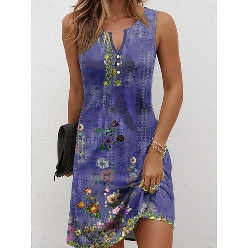 Damen Minikleid Sommerkleid Freizeitkleid Minikleid Lässig Täglich Strand Urlaub Normale Passform Blumen Grafik Böhmische Ärmellos V Ausschnitt Blau Rote Purpur Grün Sommer Frühling Image