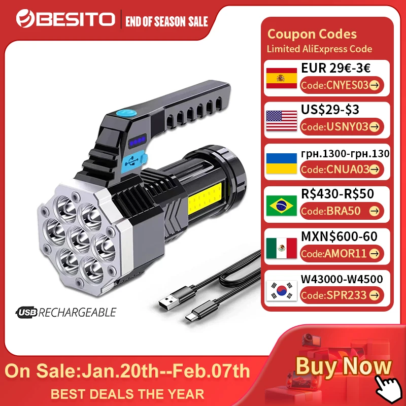 Hochleistungs-wiederaufladbare LED-Taschenlampen, 7 LEDs, Camping-Taschenlampe mit Cob-Seitenlicht, leichte Außenbeleuchtung, ABS-Material Image