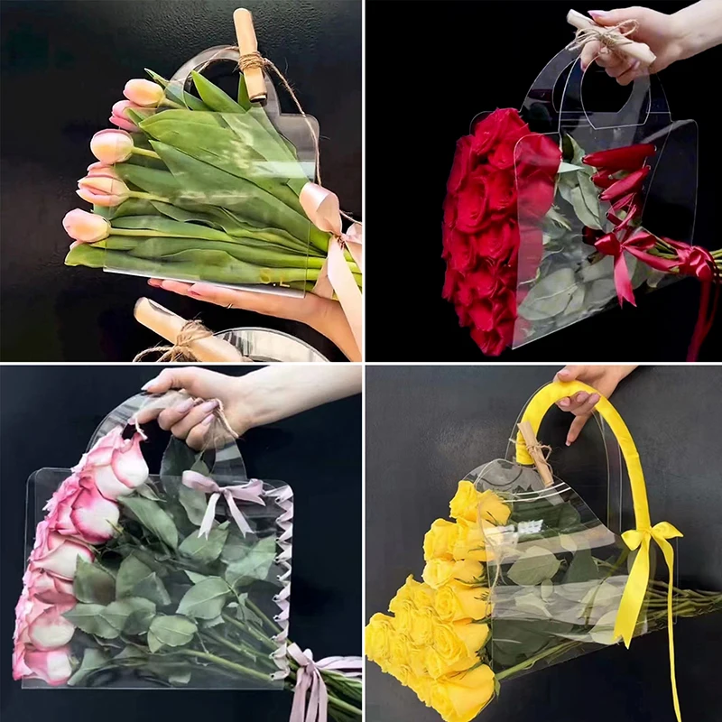 1pc transparente Blumen kasten mit Griff tragbare Blumen verpackungs beutel Geschenk behälter Handtasche Hochzeit Rose Verpackung Party Geschenk box Image