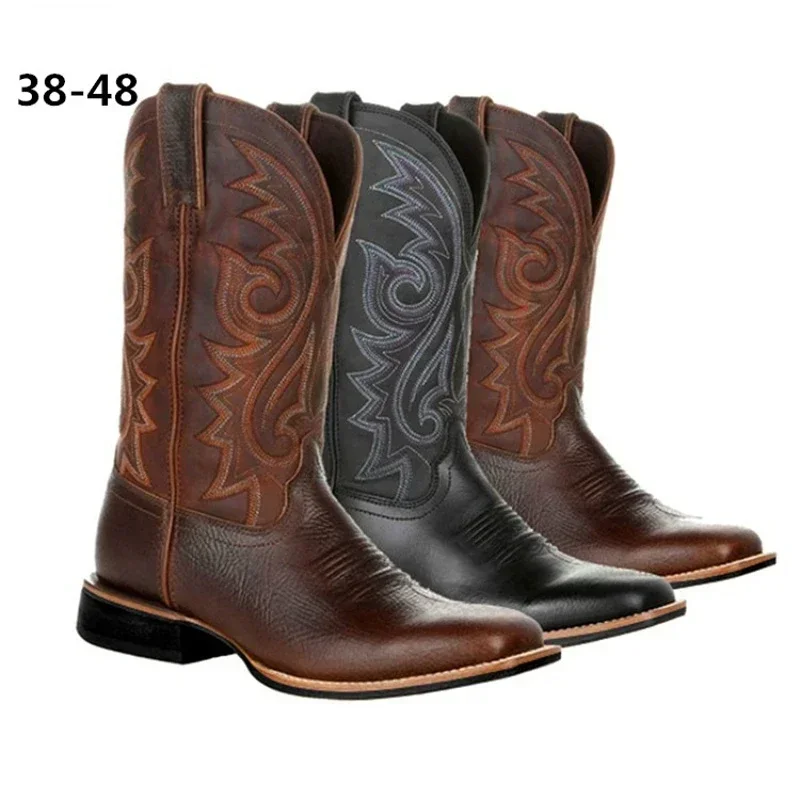 Mittelkalb-Westernstiefel für Herren, Schwarz, Braun, Cowboystiefel, handgefertigte Lederschuhe für Herren, 2025, neue Punk-Mann-Frauen-Unisex-Reitstiefel