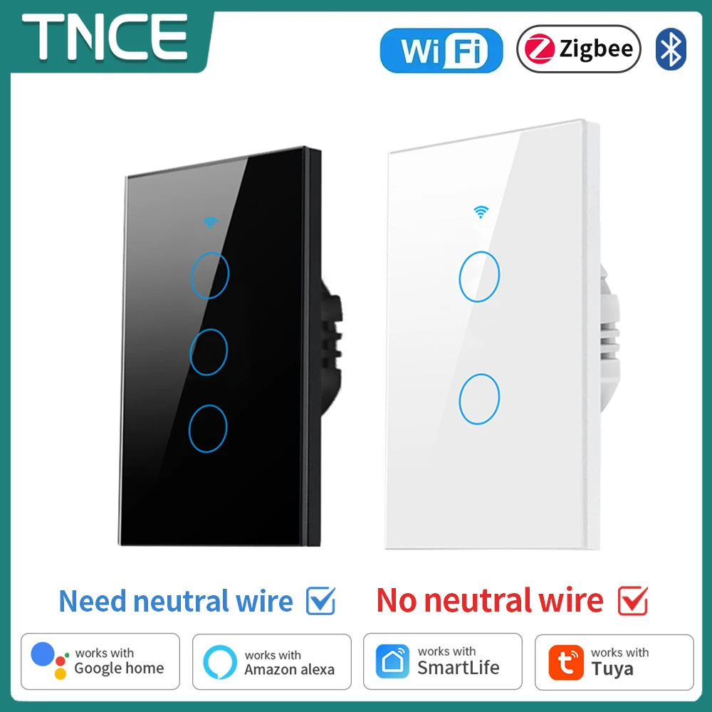 Tnce tuya us wifi/zigbee smart wand schalter 1/2/3/4 gang kein neutraler draht berührungs sensor led lichtsc halter alexa google home Image