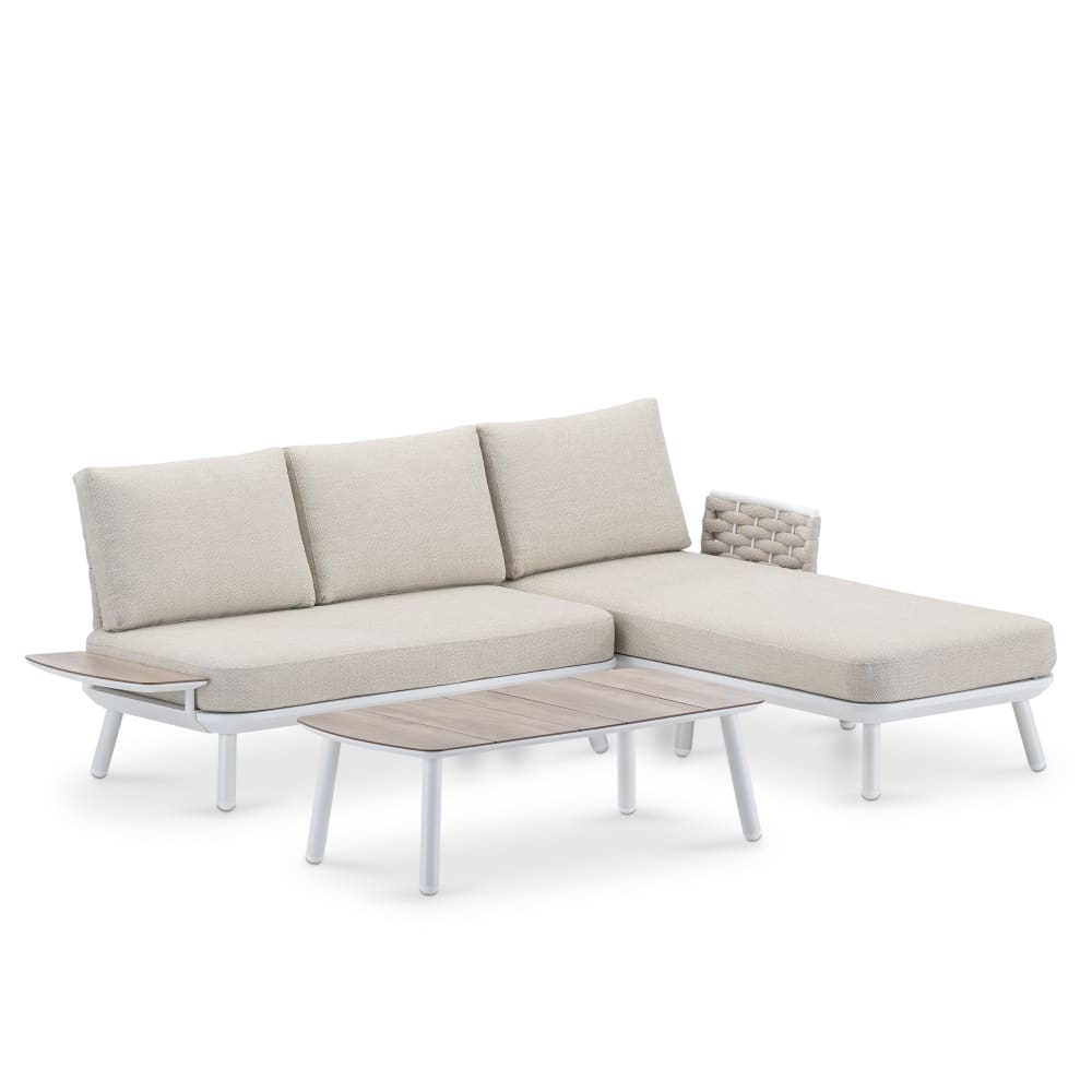 Salon de jardin 3 places avec chaise longue en corde blanche et beige