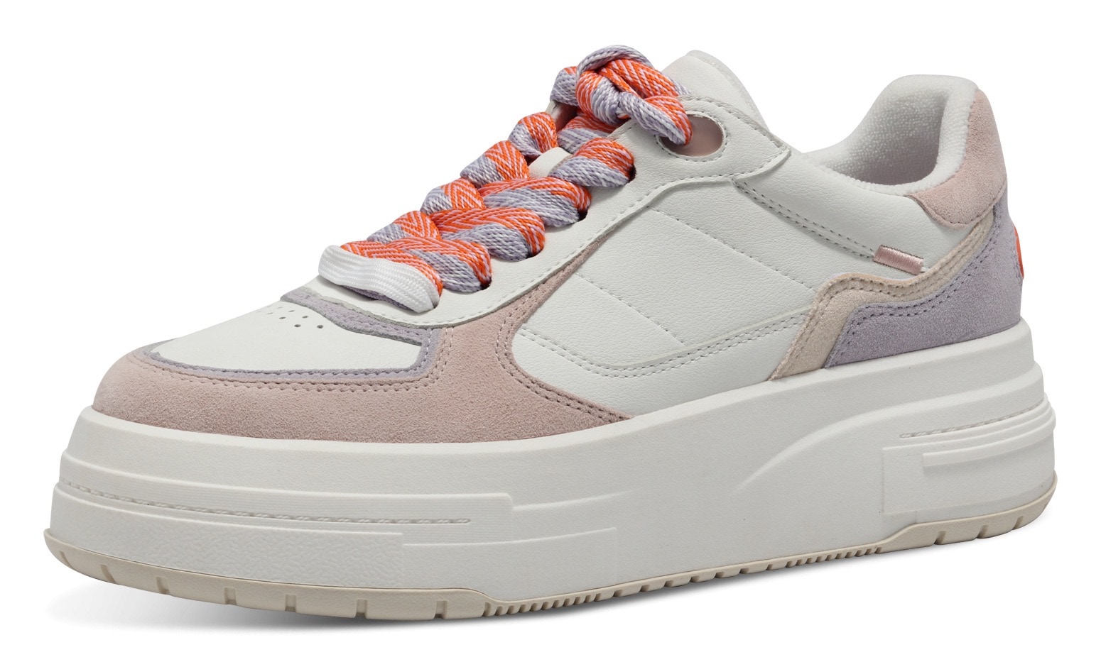 Plateausneaker TAMARIS, Damen, Gr. 41, weiß (weiß kombiniert), Leder, Lederimitat, Textil, Ziegenveloursleder, kontrastfarbene Details, Schuhe Plateausneaker, Freizeitschuh, Halbschuh, Schnürschuh mit gepolstertem Schaftrand