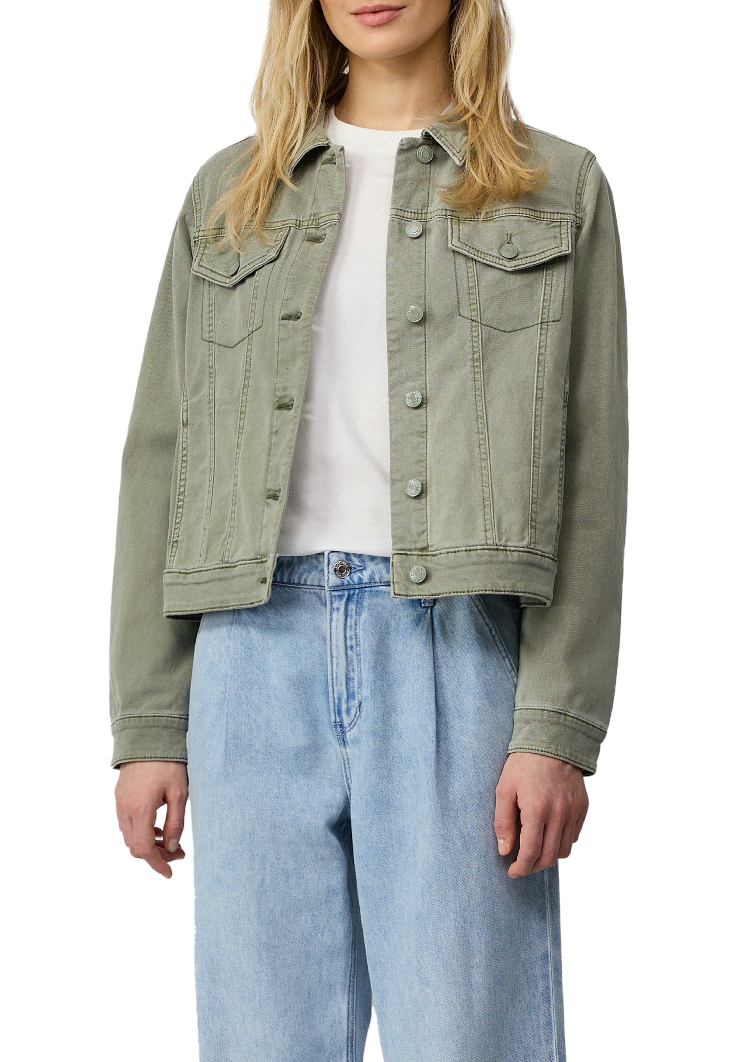 Jeansjacke S.OLIVER, Damen, Gr. 44, grün (shadow khaki), Denim/Jeans, Obermaterial: 98% Baumwolle, 2% Elasthan, unifarben, tailliert taillenbedeckt, Manschette, Jacken Jeansjacke, mit Taschen