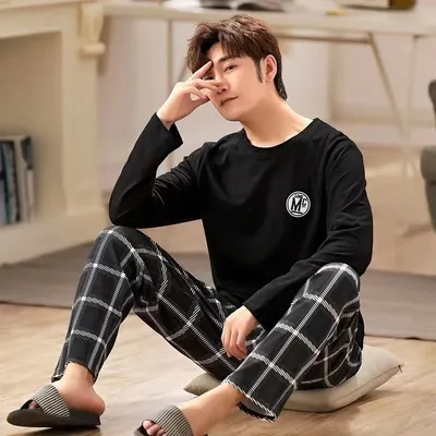 2 Teile/satz männer Pyjamas Herbst Winter Lange Ärmeln Mode Weiche Einfache Casual Homewear Mann Schwarz Bequem Gestreiften Loungewear Image