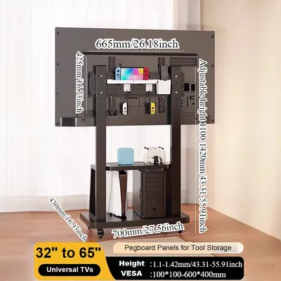 Rollbarer TV-Wagen für 32-65-Zoll-Fernseher, höhenverstellbarer mobiler TV-Ständer, tragbarer Boden-TV-Ständer mit Stahlregal für bis zu 50 kg
