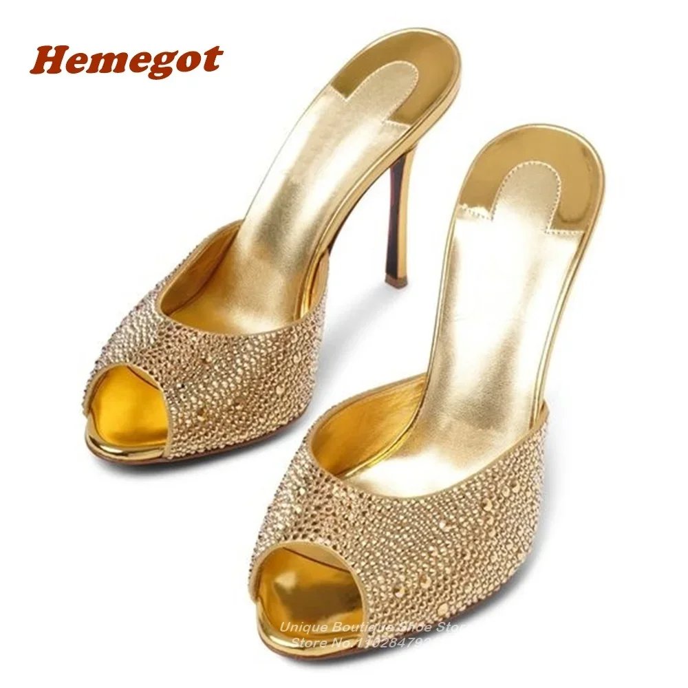 Gold Strass Metallic Panto letten Peep Toe dünne High Heels Slip auf Sommer Hausschuhe für Frauen solide Damenschuhe Party Luxus sexy