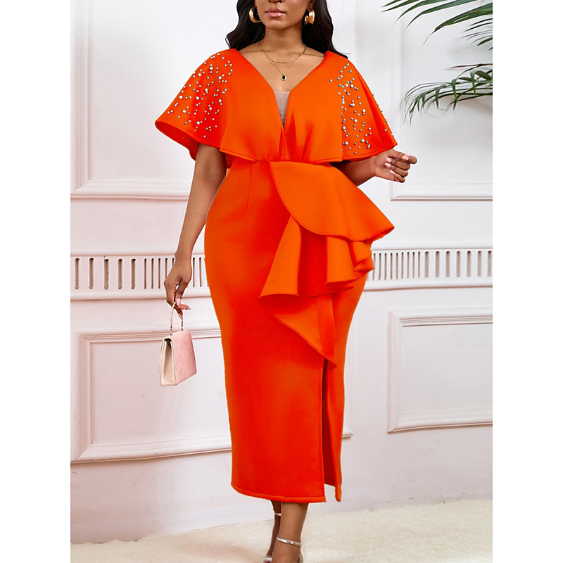 Kentucky DerbyWomen's Midi Dress Bodycon Dress Puff Sleeve Dress Elegant Formal Cocktail Formal Party Wedding Guest Regular Fit Graphic Short Sleeve V Neck Black White Yellow Red Summer