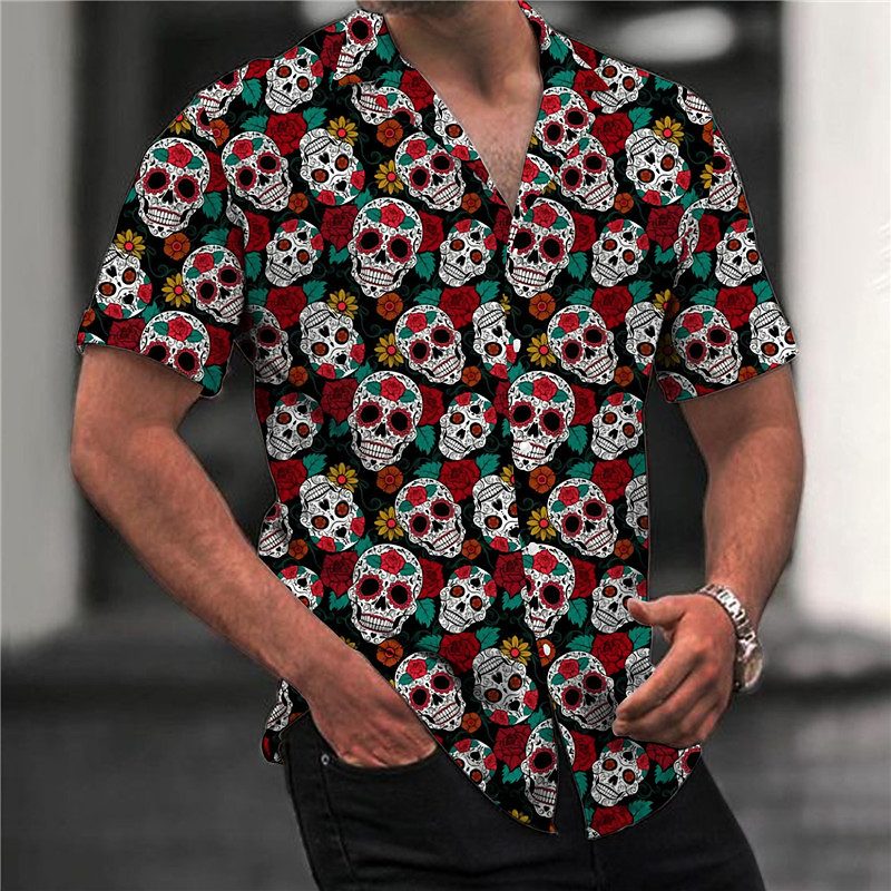 Day Of The Dead Mens Graphic Shirt Summer Hawaiian Floral Skull Prints Turndown Black Blue Casual Holiday Short Sleeve Button Clothing Apparel Sugar Skulls And Roses Cotton Button-Down