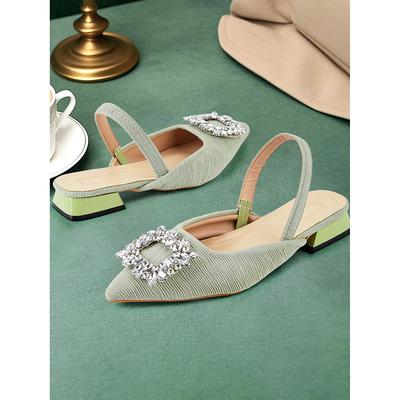 Green Satin Slingback Heels with Crystal Buckle – Stylish Casual Shoes for Women, Perfect for Day Events, Parties, or Cocktail Wear