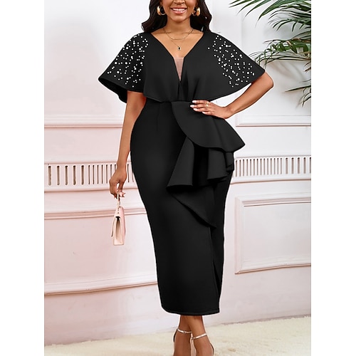 Kentucky Derby Damen Midi Kleid Bodycon Kleid Puffärmel Kleid Elegant Formal Cocktail Formal Party Hochzeitsgast Reguläre Passform Grafisch Kurzarm V-Ausschnitt Schwarz Weiß Gelb Rot Sommer Image