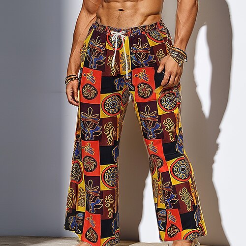Herren Patchwork Ethnisch Hose Baggy-Hosen Freizeithose Mittlere Taille Vintage-Retro Tribal Urlaub Ferien Strandbekleidung Kordelzug Elastischer Bund Weites Bein Sommer Frühling 3D-Druck Braun Image