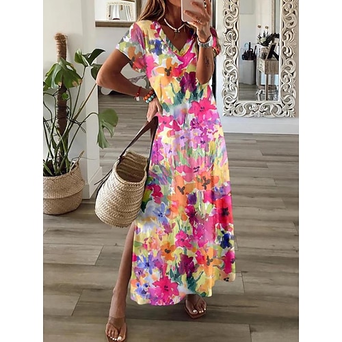 Damen Maxikleid Paisley-Kleid Freizeitkleid Langärmliges Boho-Kleid A Linie Kleid Bohemien Urlaub Vintage Täglich Urlaub Normale Passform Blumen Kurzarm V Ausschnitt Blau Schwarz Rosa Himmelblau Image