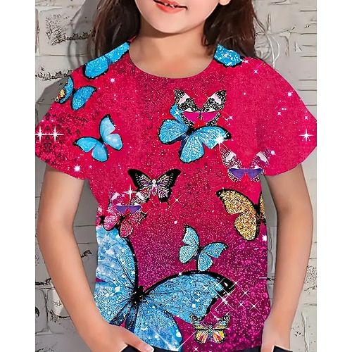 Mädchen 3D Grafik Schmetterling T-Shirt Kurzarm Sommer Frühling Mode Basic Kinder 4-12 Jahre Rundhalsausschnitt Lässig Täglich Outdoor Normale Passform Image