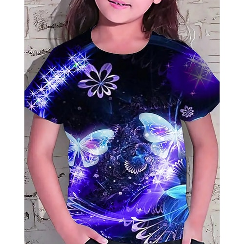 Mädchen 3D Grafik Schmetterling T-Shirt Kurzarm Sommer Frühling Mode Basic Kinder 4-12 Jahre Rundhalsausschnitt Lässig Täglich Outdoor Normale Passform Image