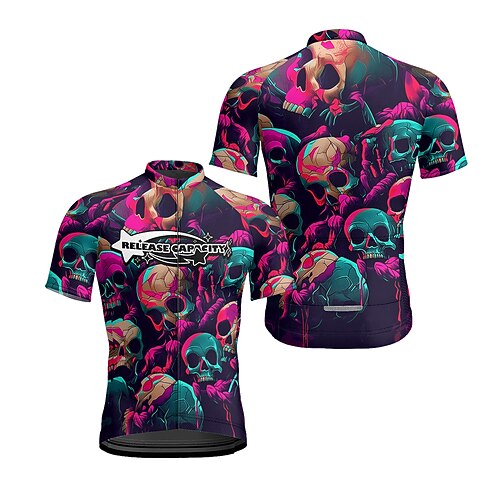Herren Radtrikot Schädel Kurzarm Fahhrad T-Shirt Trikot mit 3 Gesäßtaschen Mountainbike MTB Schnelltrocknend Anatomisches Design