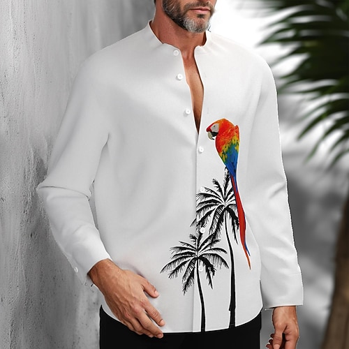 Herren Vogel Kokospalme Papagei Hemd Sommer Hawaiihemd Hemd ohne Kragen Langarm Hawaiianisch Resort Urlaub Lässig Ferien Sommer Frühling Stehkragen 3D-Druck Button-Down-Hemden Weiß Image