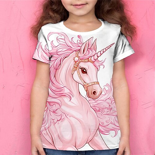 Mädchen 3D Graphic Einhorn T-Shirt Kurzarm Sommer Frühling Modisch Basic kinderkleidung 4-12 Jahre Rundhalsausschnitt Outdoor Casual Täglich Regular Fit Image