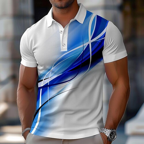 Herren Geometrisch Linie Polo Kurzarm Polo-Shirts Hemden mit Kragen Business-Casual Schule Outdoor Alltagskleidung Hauskleidung Knöpfe 3D-Druck Sommer Frühling Herbst Blau Image