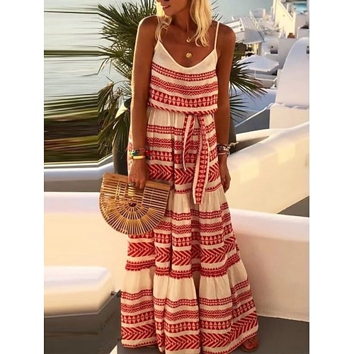 Damen Maxidress Casual kleid skims dress Boho-Kleid Böhmen Brautkleider schlicht Urlaub Täglich Regular Fit Geometrisch Ärmellos Gurt Schwarz Rote Grün Sommer Image