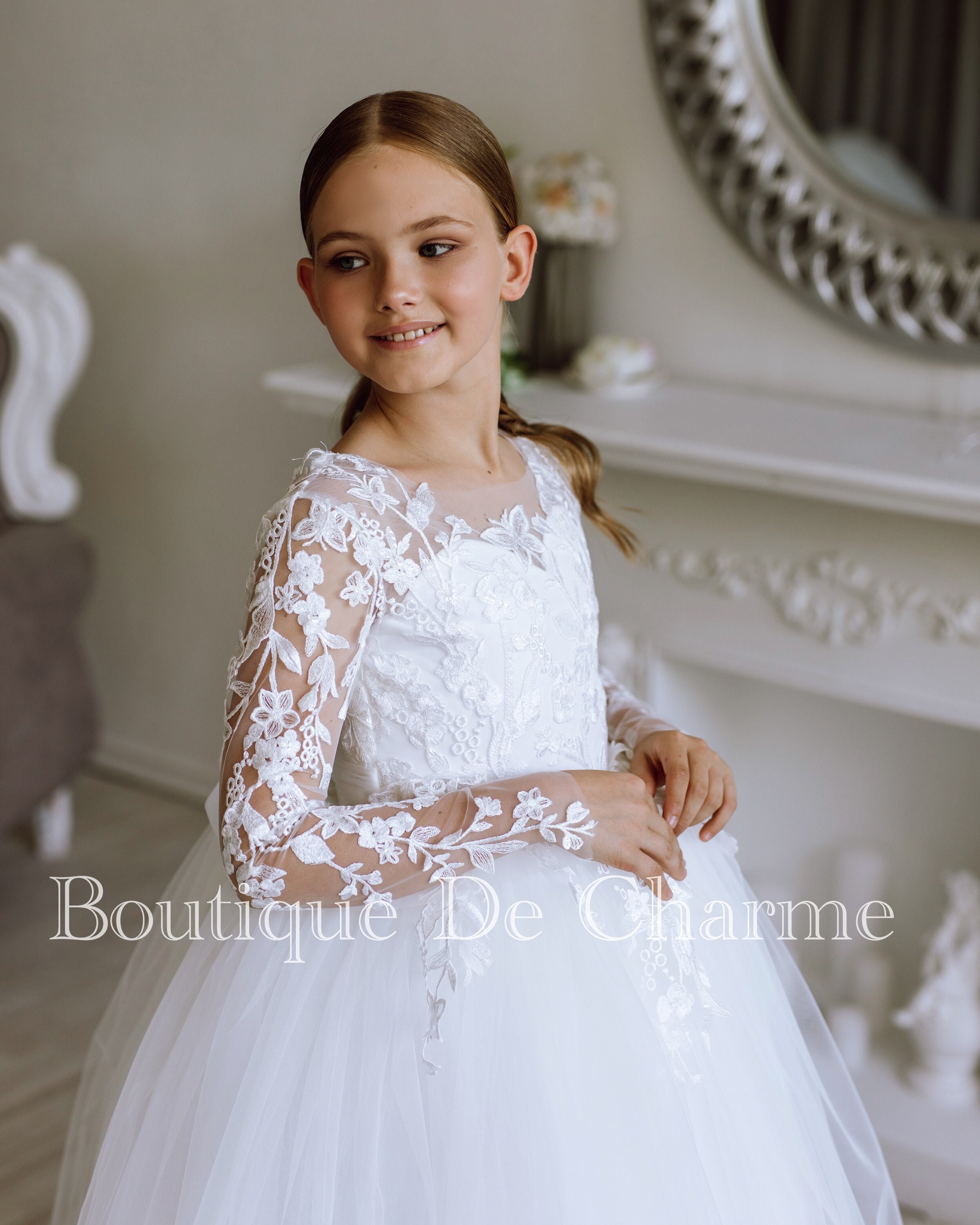 Abito da prima comunione, Abito da ragazza di fiori in pizzo, Abito da damigella d'onore junior, Abito da sposa ragazza, Abito da ragazza di fiori in