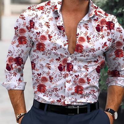 TEMU Everyday | Men' Floral Print Long Sleeve Shirt - Lightweight Polyester Blend, Button-up Collared, Ideal For Travel & Casual Wear Image