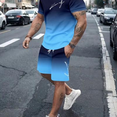 TEMU 1set Vintage Style Men's Summer Casual Outfit, Polyester Knit T-shirt And Shorts Set With Printed Signature Pattern, Round Neck, Short Sleeve, Regular Fit Image