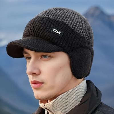 TEMU Men's Winter Knit Beanie With Ear Flaps - Street Style, Stretchy, Sun Protection, Warm Acrylic Cap For Outdoor Activities, Hand Washable, Outdoor Headwear|stylish Beanie|durable Knit Ha Image