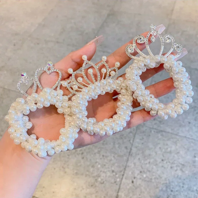 2PC Mode Perle Krone Prinzessin Nette Kinder Elastische Haar Bands Kinder Haarknoten Krawatten Mädchen Haar Zubehör Baby headwear Image