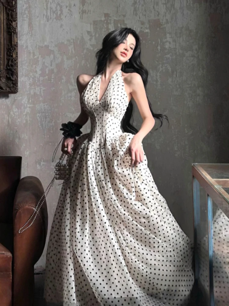 Französisches elegantes Midikleid für Damen, ärmellos, Strandstil, gepunktetes Kleid mit V-Ausschnitt, Abendparty, einteiliges Kleid, Vintage-Chic-Sommer