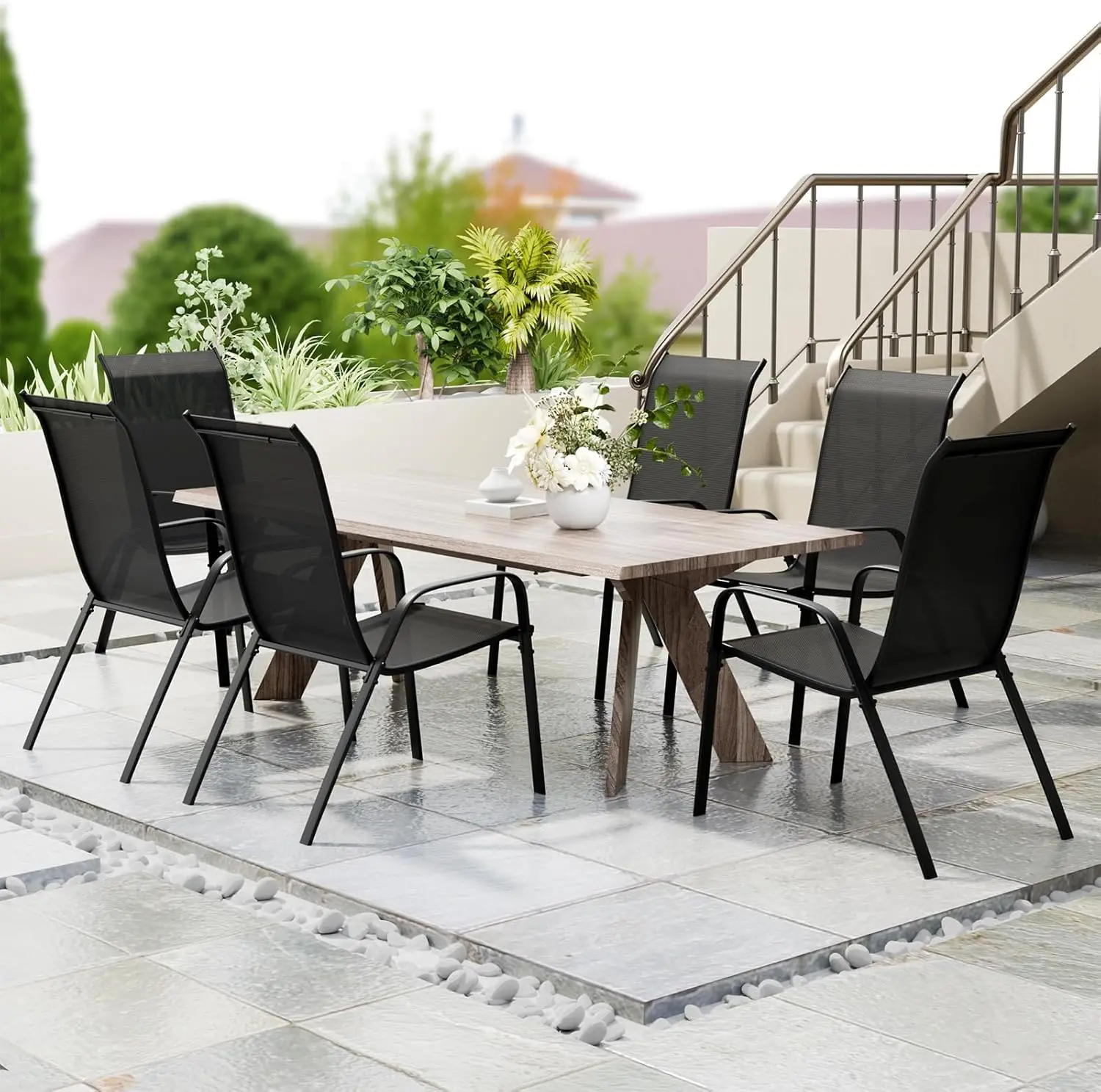 6er-Pack schwarze Stapelstühle für den Außenbereich, Gartenstühle mit Teslin-Stoff, flexiblem Komfortmaterial und Stahl-Eisen-Metallrahmen, hohe Rückenlehne