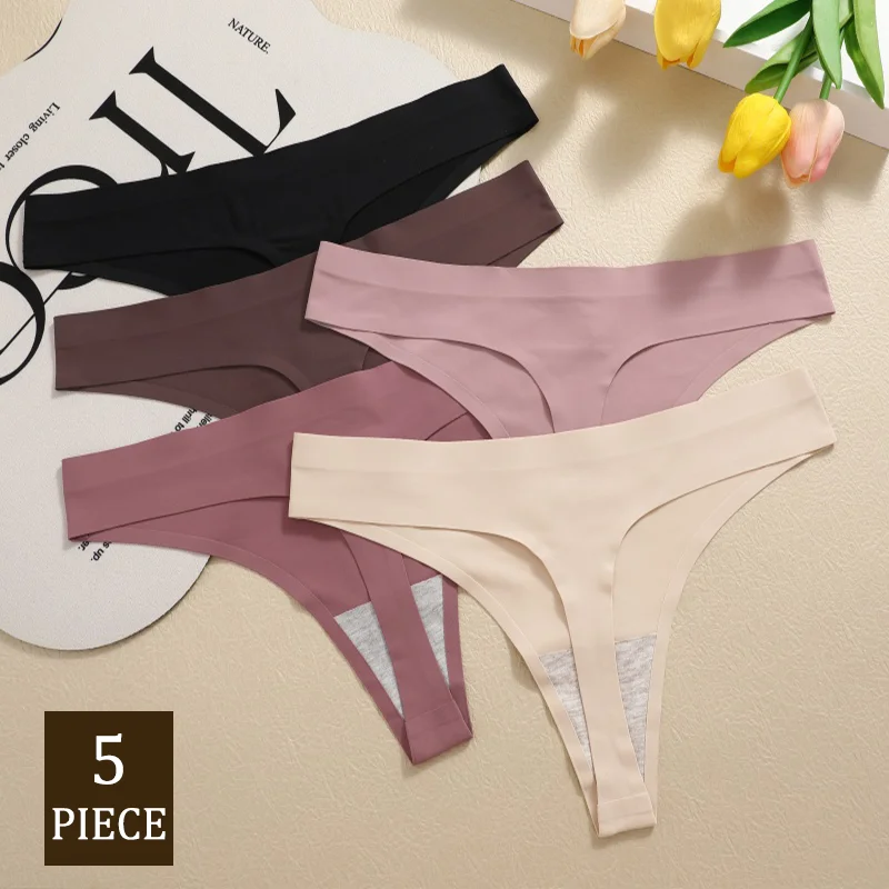 5 Teile/satz Nahtlose Ultra-dünne Höschen Maillard Höschen Frauen Eis Seide Unterwäsche Sexy Panty Niedrigen Taille G-string Weibliche Feste panty Image
