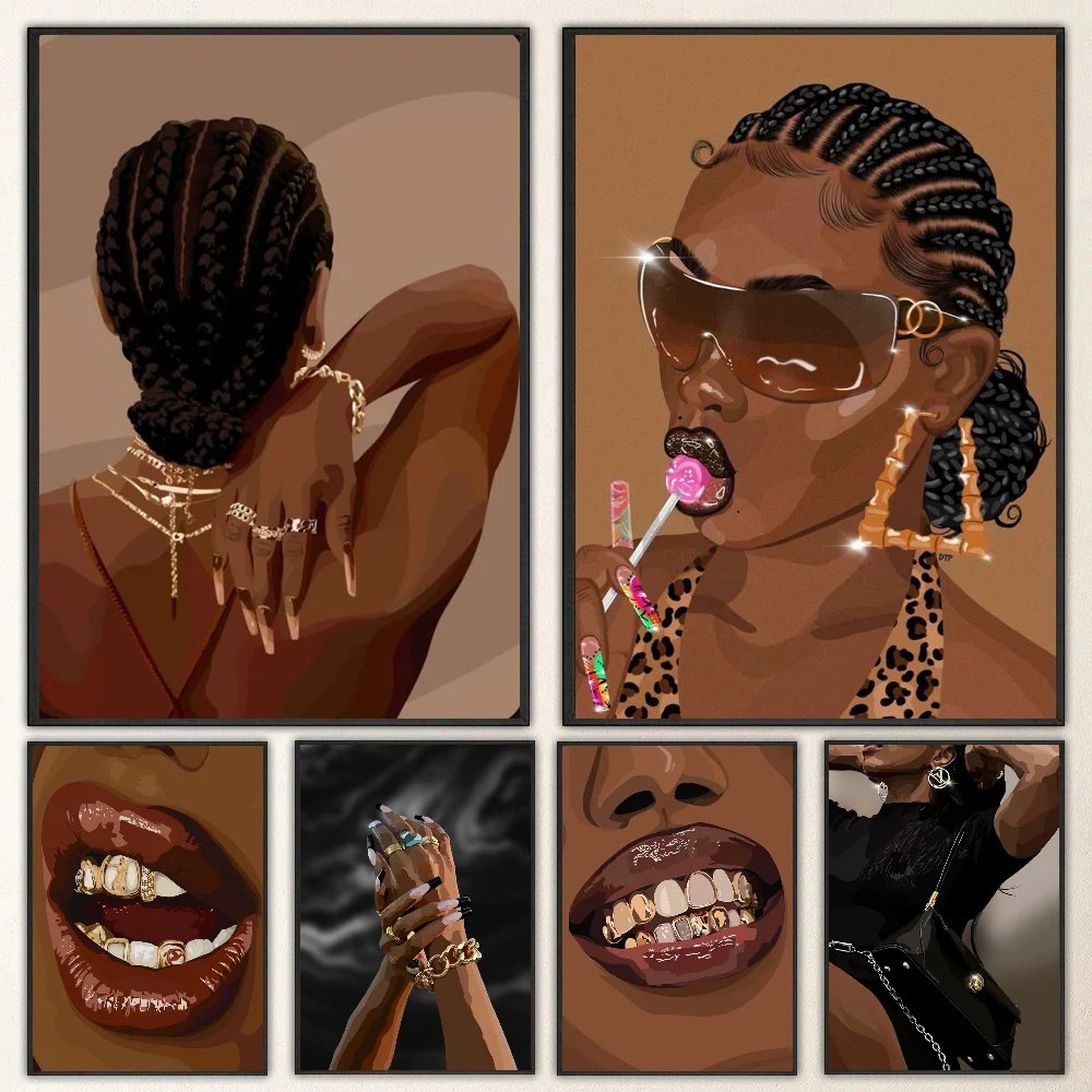 1pc Hip Hop Schwarz Mädchen Gold Schmuck Poster Selbst-klebe Kunst Wasserdichte Papier Aufkleber Kaffee Haus Bar zimmer Wand Dekor