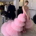Gonna a strascico staccabile in tulle rosa extra soffice e lussuosa con volant a strati Gonne lunghe