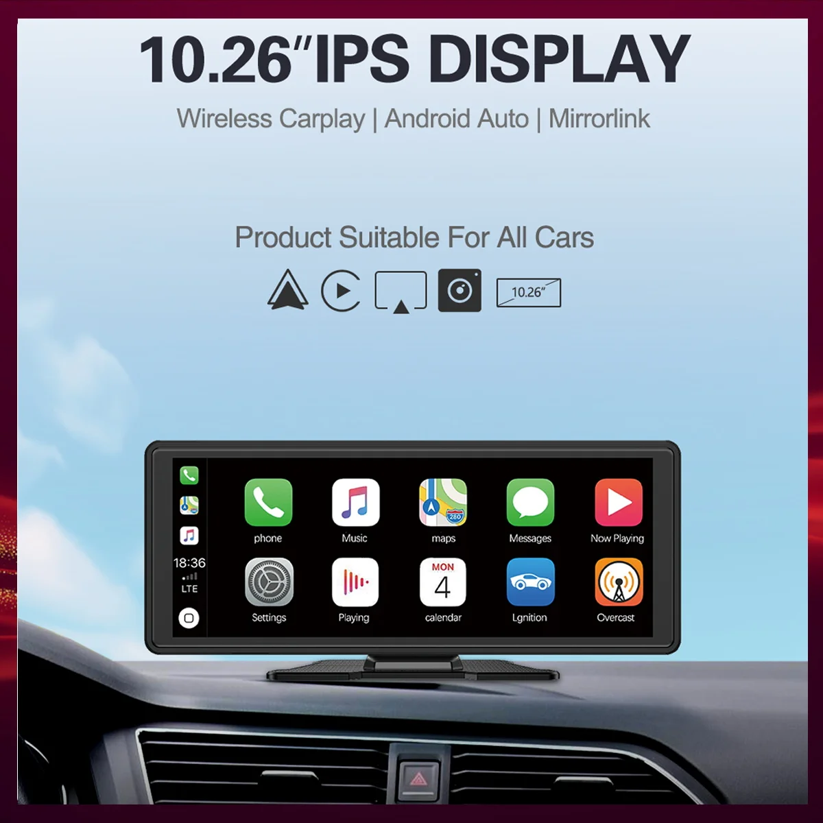 10.26 "Wireless CarPlay e Android Auto Universale Portatile Autoradio Specchio Link Lettore BT Audio AUX Stereo per Apple o Android