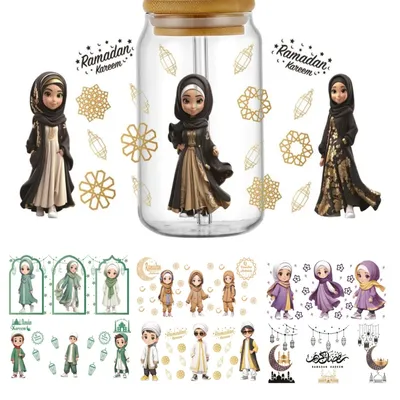 Muslims Cartoon Characters UV DTF Cup Wrap 3D Adhesive Clear Jar Bottle Stationery Washable Transfer Sticker