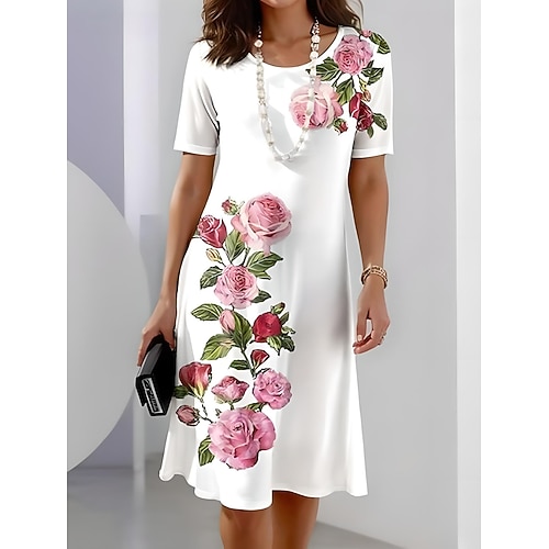 Abito midi elegante da donna per feste serali con scollo tondo e maniche corte abito casual abito shift estivo stile elegante vestibilità regolare grafica floreale bianca estate primavera